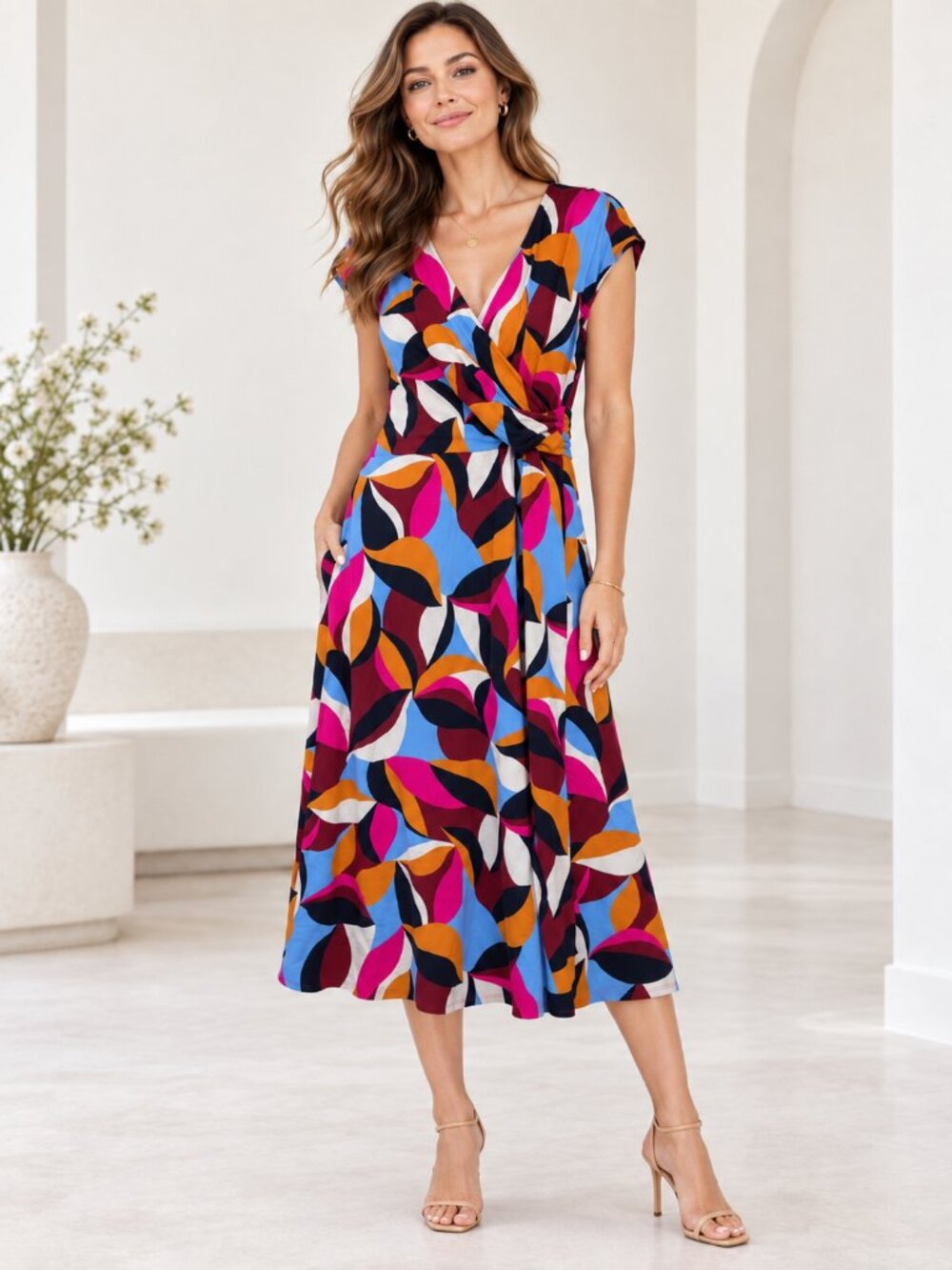 Lands' End Cap Sleeve Surplice Twist Maxi Dress Bordeaux Red Fun Leaf M #A4452